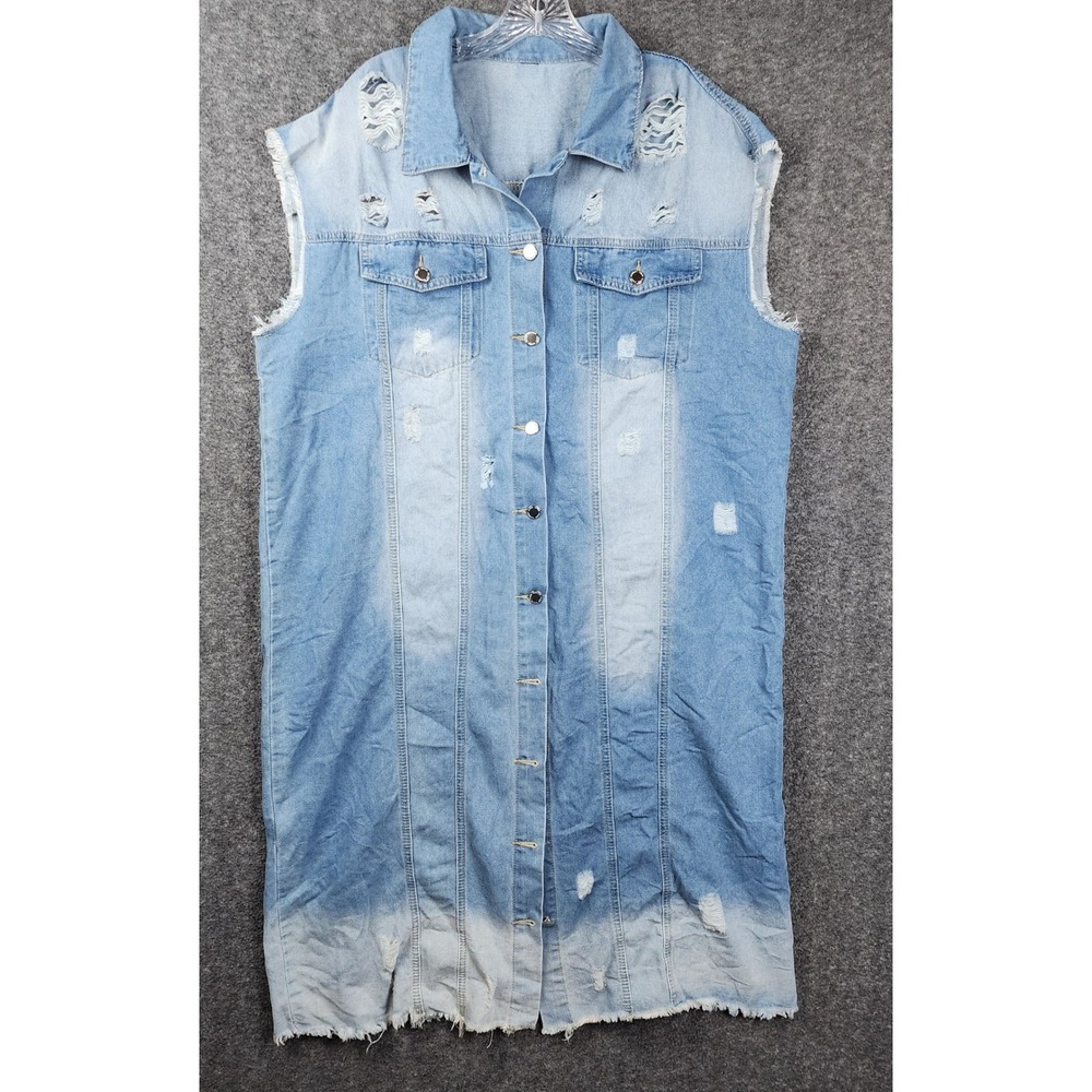 Shein Curve Denim Vest Women 1XL Light Blue Distressed Longline Ombre Ripped